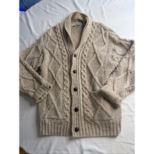Aran Crafts Ireland Mens Oatmeal Merino Wool Fisherman Sweater Cardigan Sz Large